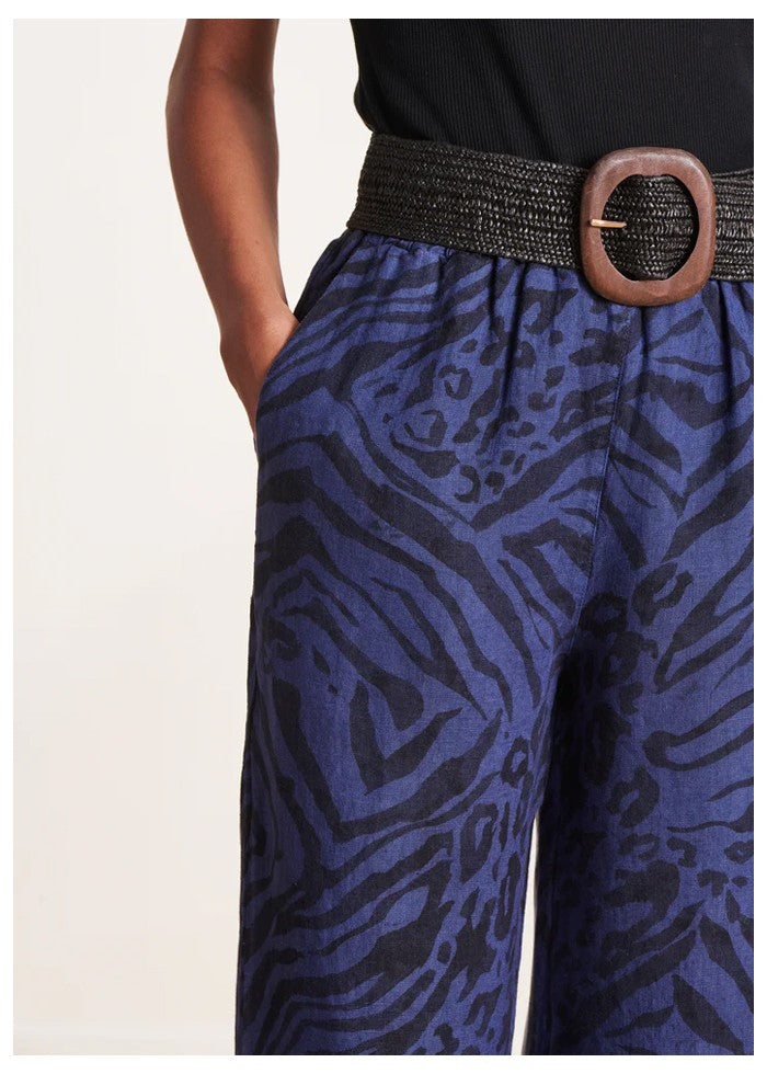 LA FEE MARABOUTEE pantalone lino blu stampa animalier nera PACOA-W  MADE IN ITALY