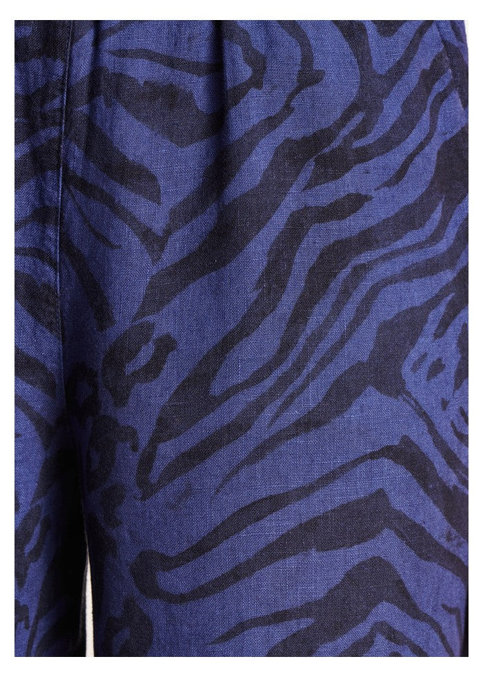 LA FEE MARABOUTEE pantalone lino blu stampa animalier nera PACOA-W  MADE IN ITALY
