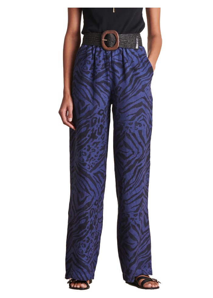 LA FEE MARABOUTEE pantalone lino blu stampa animalier nera PACOA-W  MADE IN ITALY