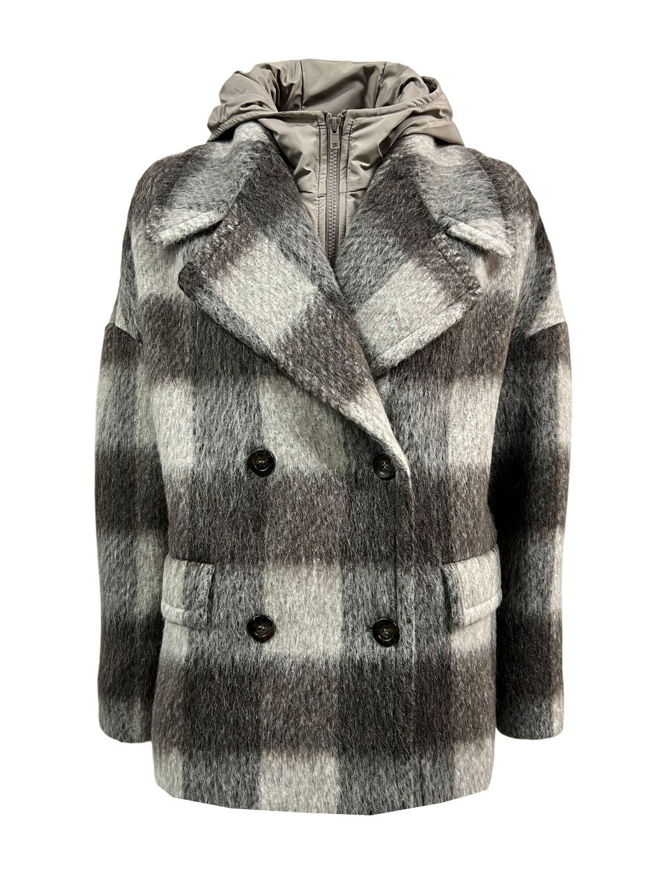 NORMEET Giaccone Doppiopetto Quadri Marrone/Tortora/Panna 403+G DAMA – Made in Italy