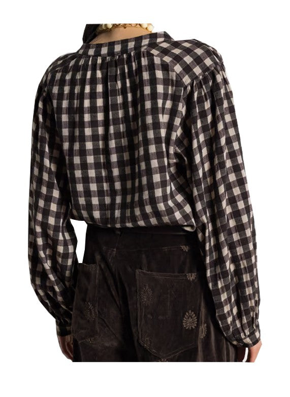 MAISON HOTEL Camicia Donna Quadri Ecru Marrone Manica Lunga REBECCA BOURGOGNE