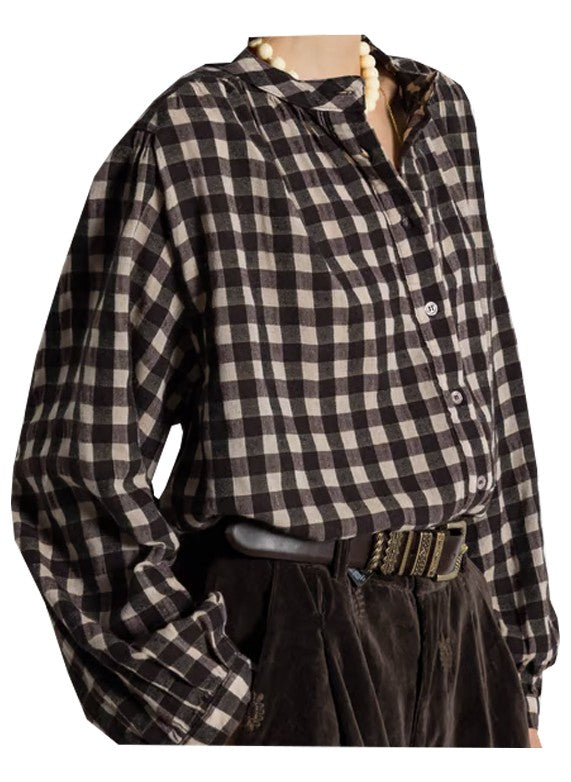 MAISON HOTEL Camicia Donna Quadri Ecru Marrone Manica Lunga REBECCA BOURGOGNE