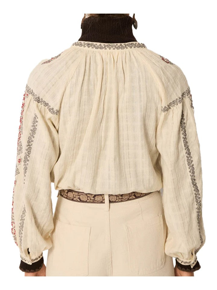 MAISON HOTEL Blusa Donna Ecrù Cotone Ricami Contrasto Manica Lunga VIRGINIA