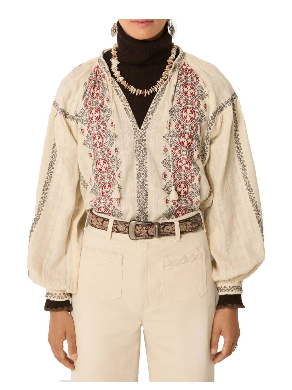 MAISON HOTEL Blusa Donna Ecrù Cotone Ricami Contrasto Manica Lunga VIRGINIA