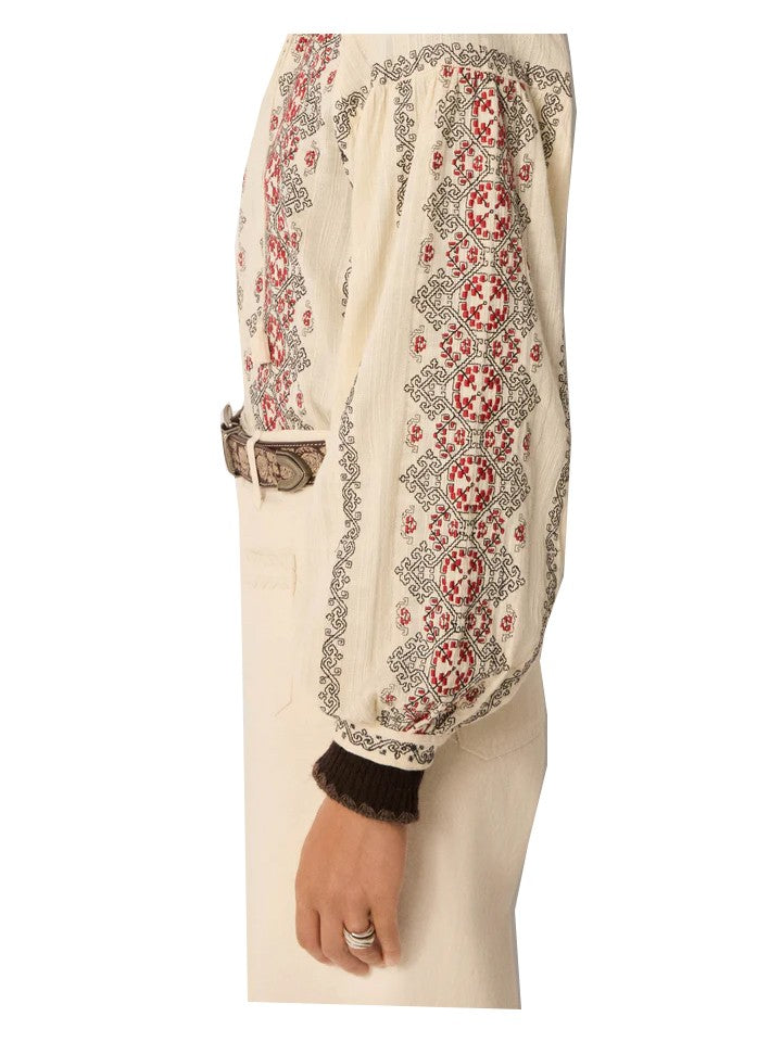 MAISON HOTEL Blusa Donna Ecrù Cotone Ricami Contrasto Manica Lunga VIRGINIA