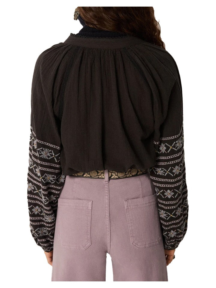 MAISON HOTEL Blusa Donna Blu Nero Cotone Ricami Contrasto VIRGINIA DUSTY BLUE