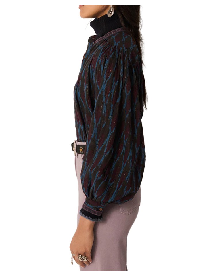 MAISON HOTEL Camicia Donna Blu Fantasia Lurex Oro Manica Lunga GIORGIA FIREWORK