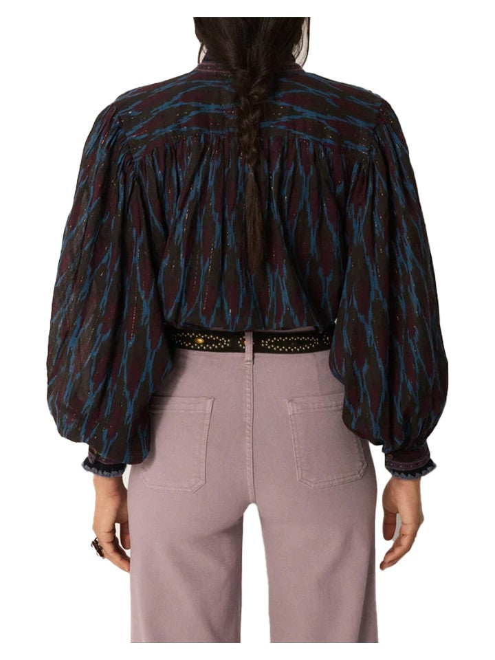 MAISON HOTEL Camicia Donna Blu Fantasia Lurex Oro Manica Lunga GIORGIA FIREWORK