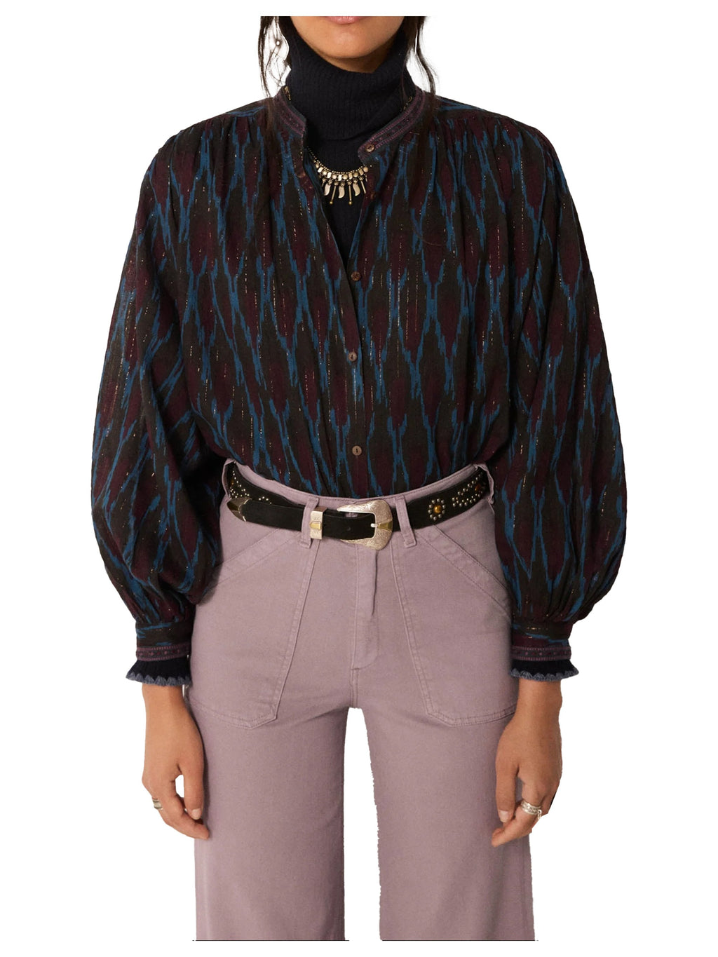 MAISON HOTEL Camicia Donna Blu Fantasia Lurex Oro Manica Lunga GIORGIA FIREWORK