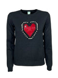 IL THE DELLE 5 Maglia Donna Girocollo Nera Ricamo Cuore Perline LISA HEART