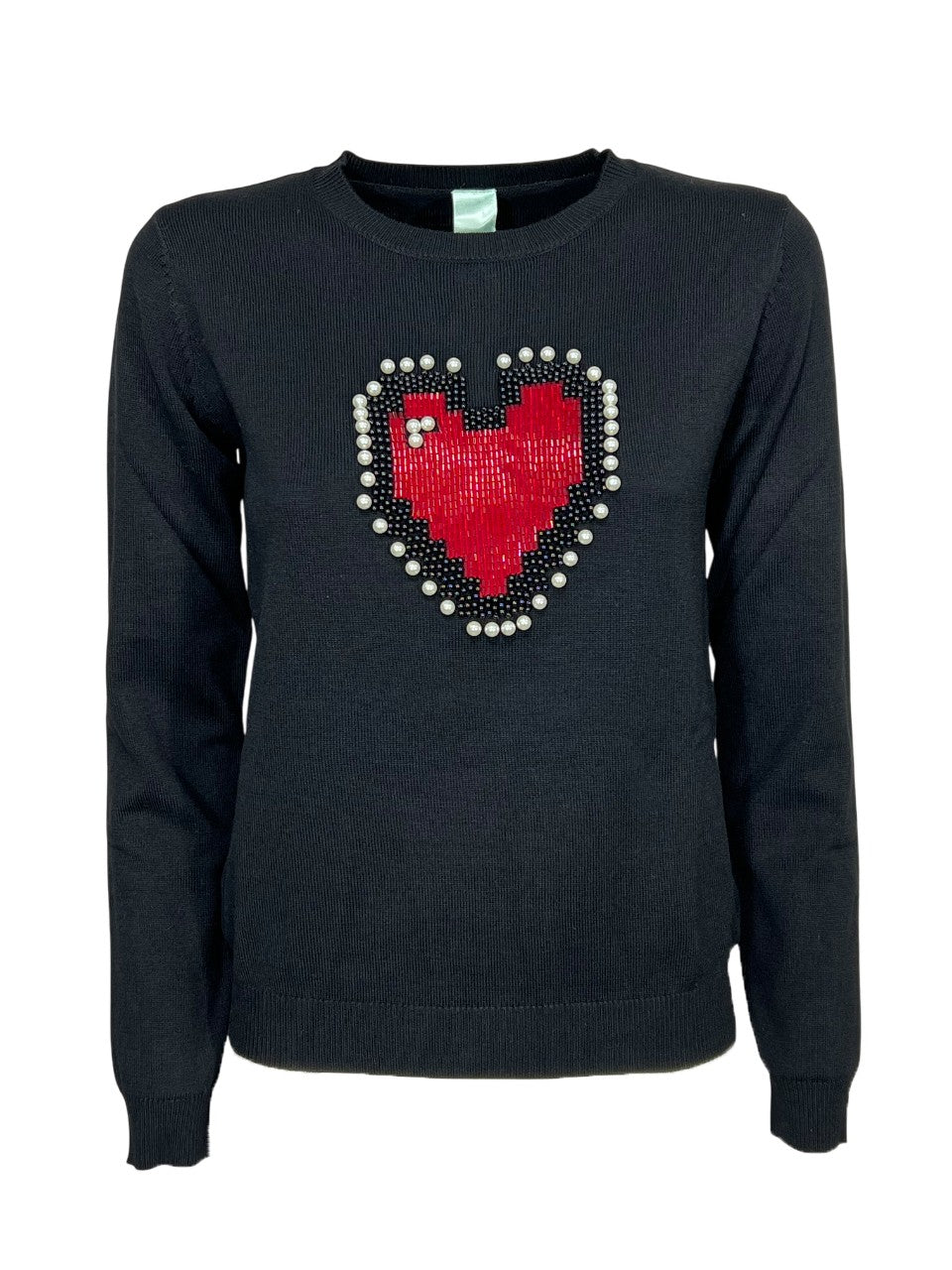 IL THE DELLE 5 Maglia Donna Girocollo Nera Ricamo Cuore Perline LISA HEART