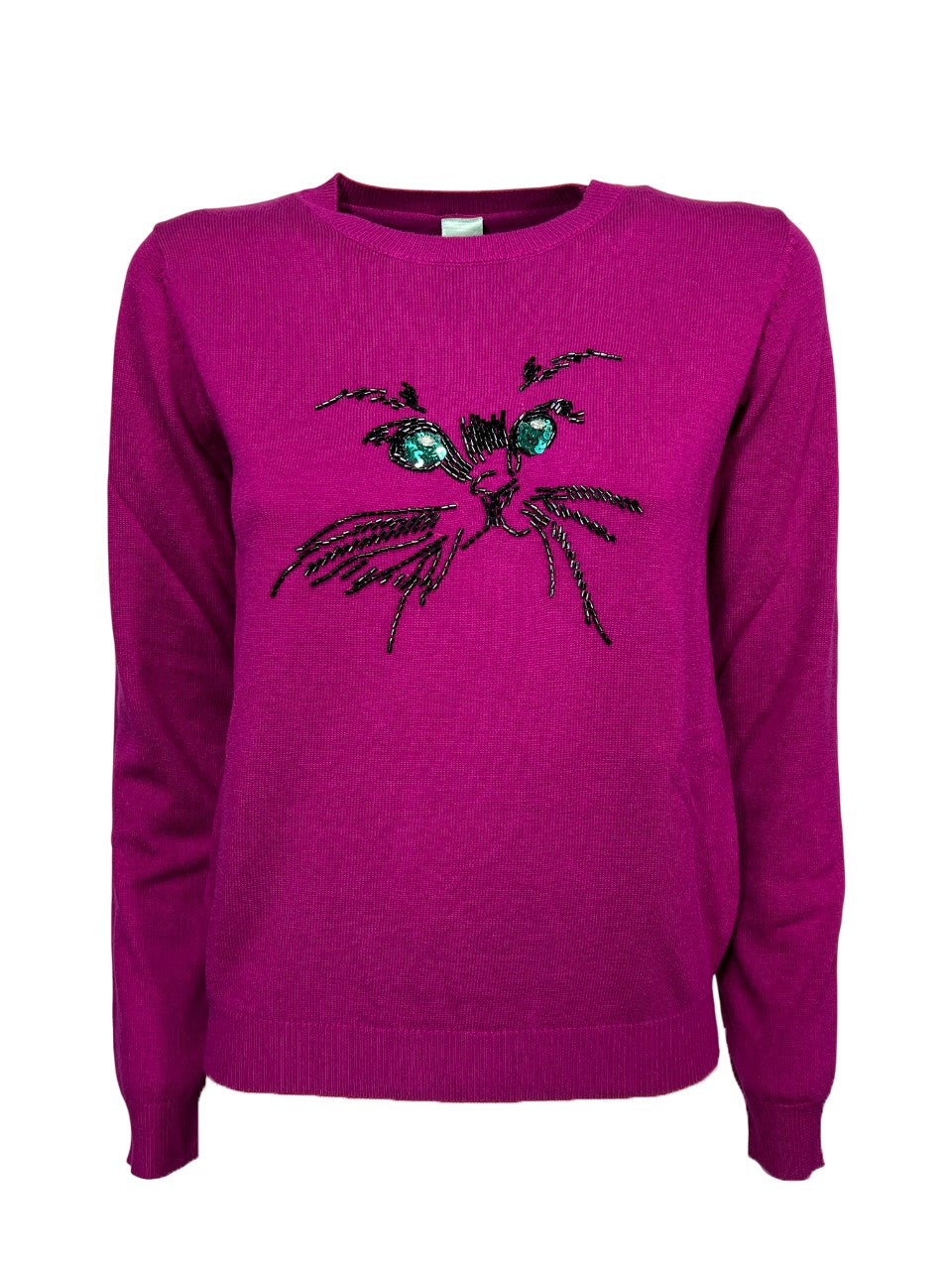 IL THE DELLE 5 Maglia Donna Girocollo Fuxia Paillettes Ricamo Gatto LISA CAT