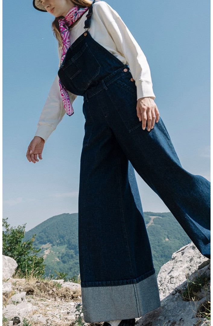 NOIR ’N' BLEU Salopette Donna Denim Stone Washed Gamba Larga ALBA Made in Italy