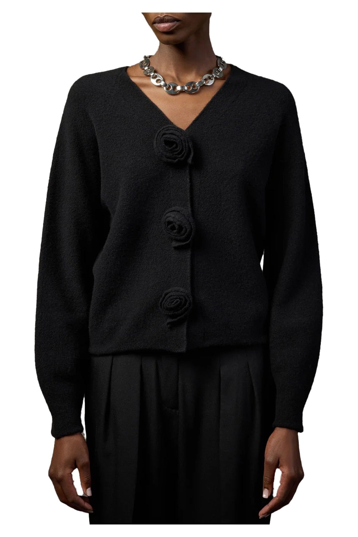 LIVIANA CONTI Cardigan Donna Nero Rose Tridimensionali Lana Cashmere GABRIELA