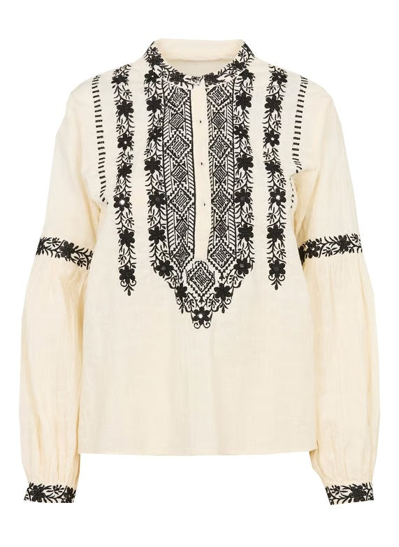 MAISON HOTEL Blusa Donna Ecru Cotone Ricamo Nero Manica Lunga BRUNA ORCHID