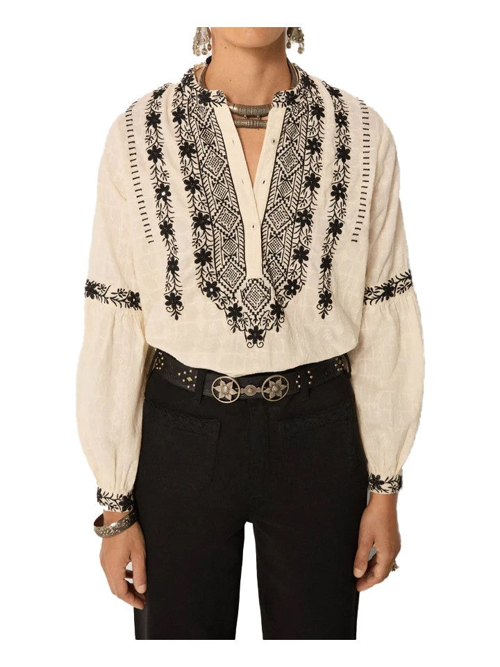 MAISON HOTEL Blusa Donna Ecru Cotone Ricamo Nero Manica Lunga BRUNA ORCHID