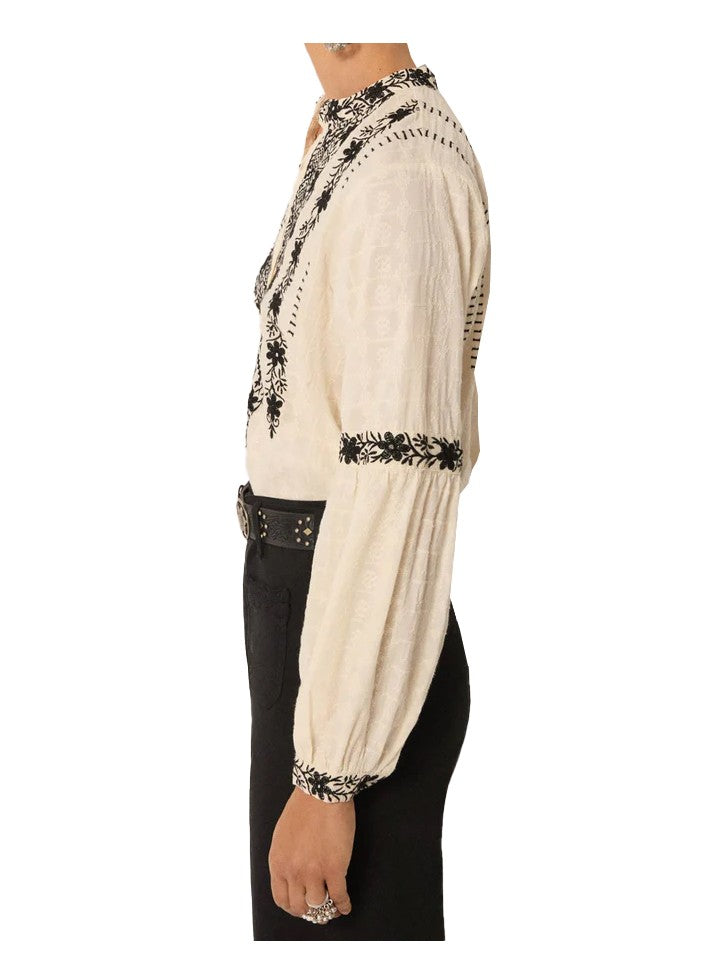 MAISON HOTEL Blusa Donna Ecru Cotone Ricamo Nero Manica Lunga BRUNA ORCHID