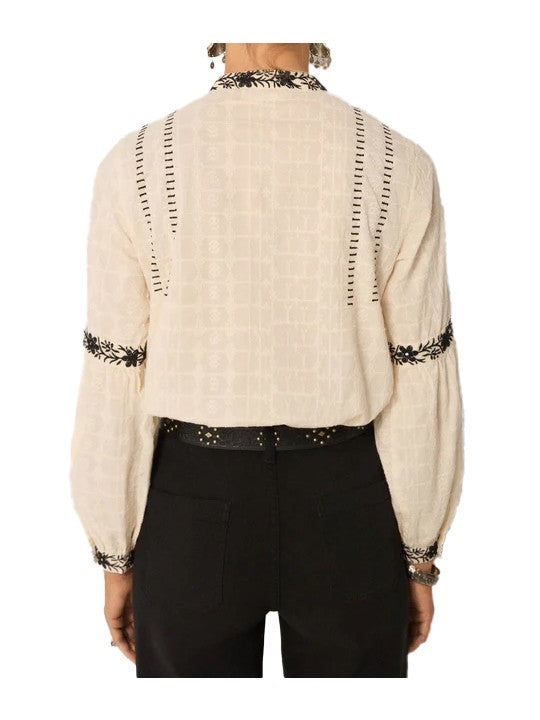 MAISON HOTEL Blusa Donna Ecru Cotone Ricamo Nero Manica Lunga BRUNA ORCHID