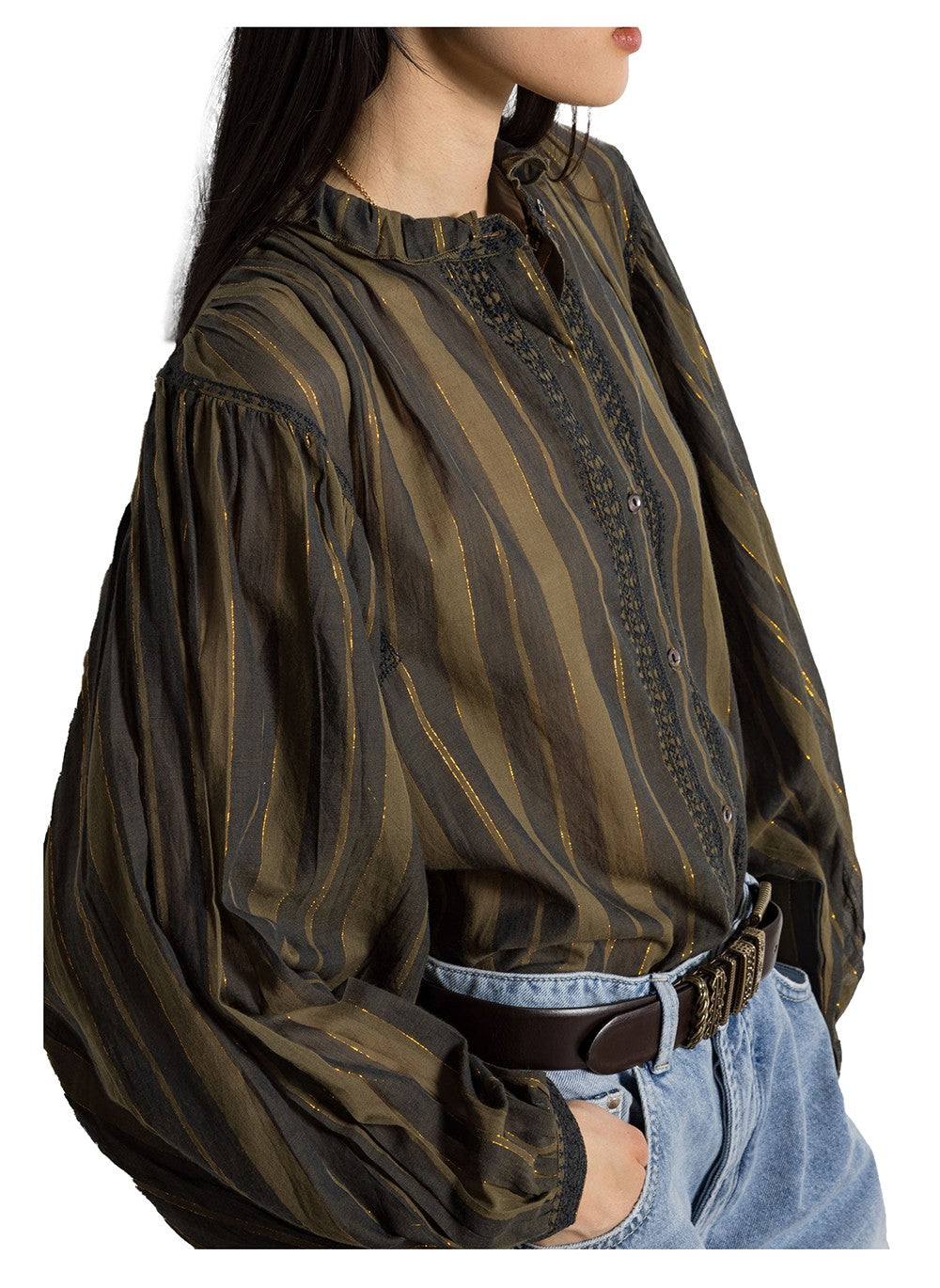 MAISON HOTEL Camicia Donna Righe Kaki Oro Cotone Collo Volant ANIKA RUSTIC CHARM