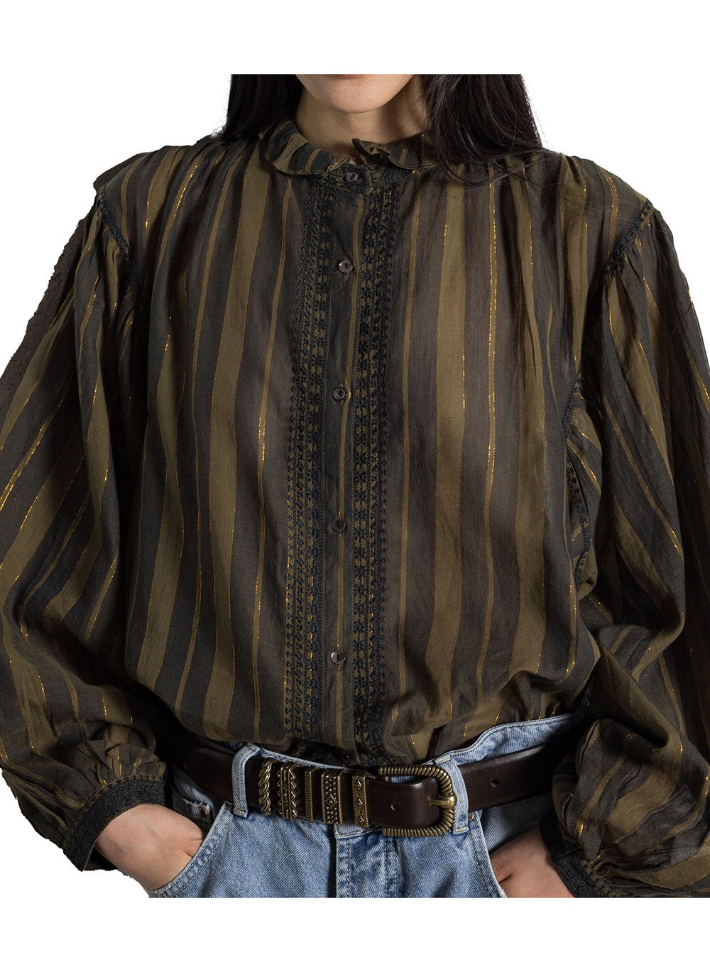 MAISON HOTEL Camicia Donna Righe Kaki Oro Cotone Collo Volant ANIKA RUSTIC CHARM