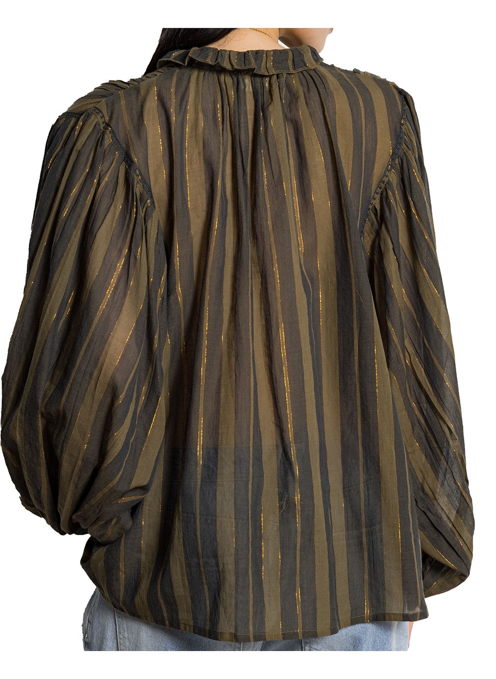 MAISON HOTEL Camicia Donna Righe Kaki Oro Cotone Collo Volant ANIKA RUSTIC CHARM