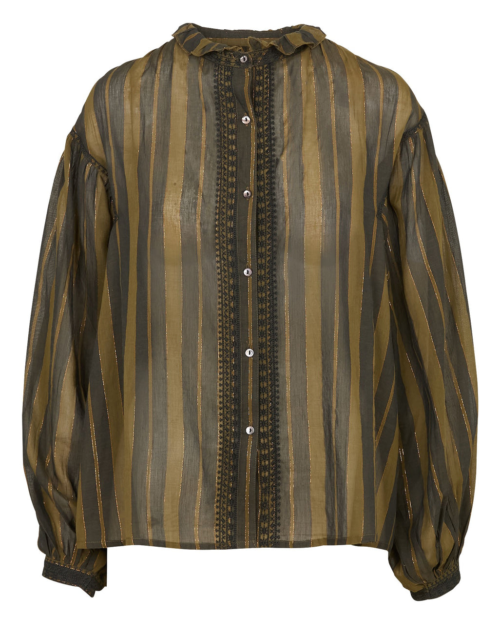 MAISON HOTEL Camicia Donna Righe Kaki Oro Cotone Collo Volant ANIKA RUSTIC CHARM