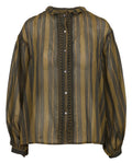 MAISON HOTEL Camicia Donna Righe Kaki Oro Cotone Collo Volant ANIKA RUSTIC CHARM