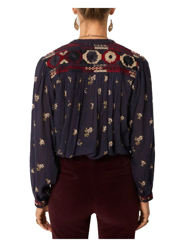 Maison Hotel MILLA VAGATOR Camicia Donna Cotone Blu Floreale Ricami