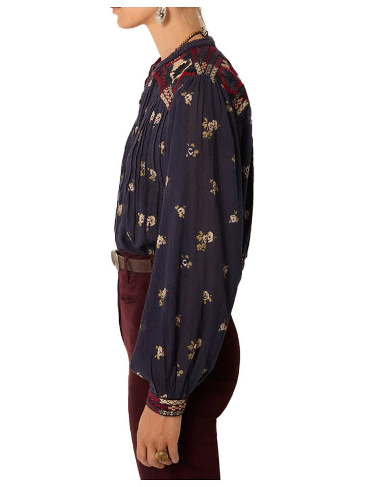 Maison Hotel MILLA VAGATOR Camicia Donna Cotone Blu Floreale Ricami