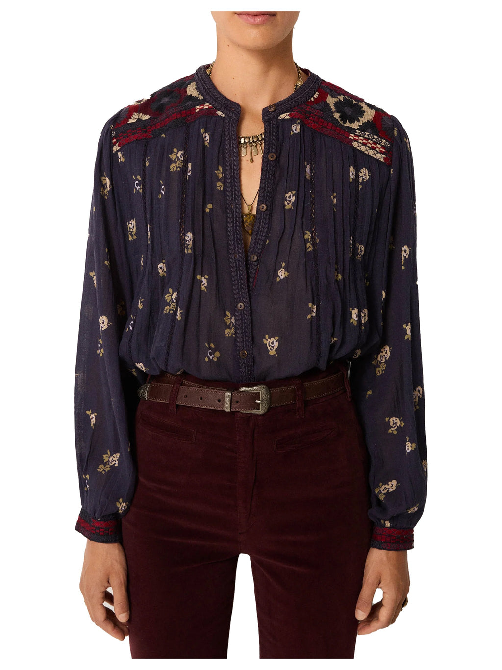 Maison Hotel MILLA VAGATOR Camicia Donna Cotone Blu Floreale Ricami