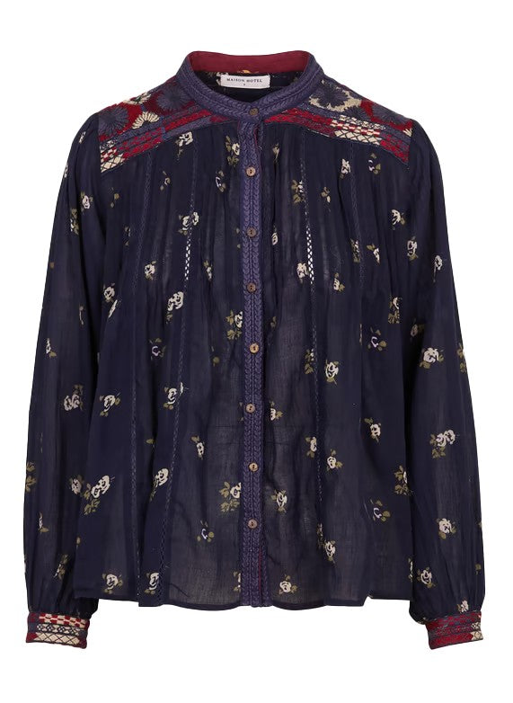 Maison Hotel MILLA VAGATOR Camicia Donna Cotone Blu Floreale Ricami