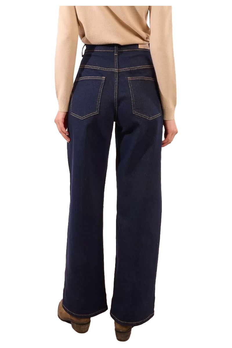 Jeans donna wide leg blu scuro, pieghe frontali, zip & bottone – E1750DH