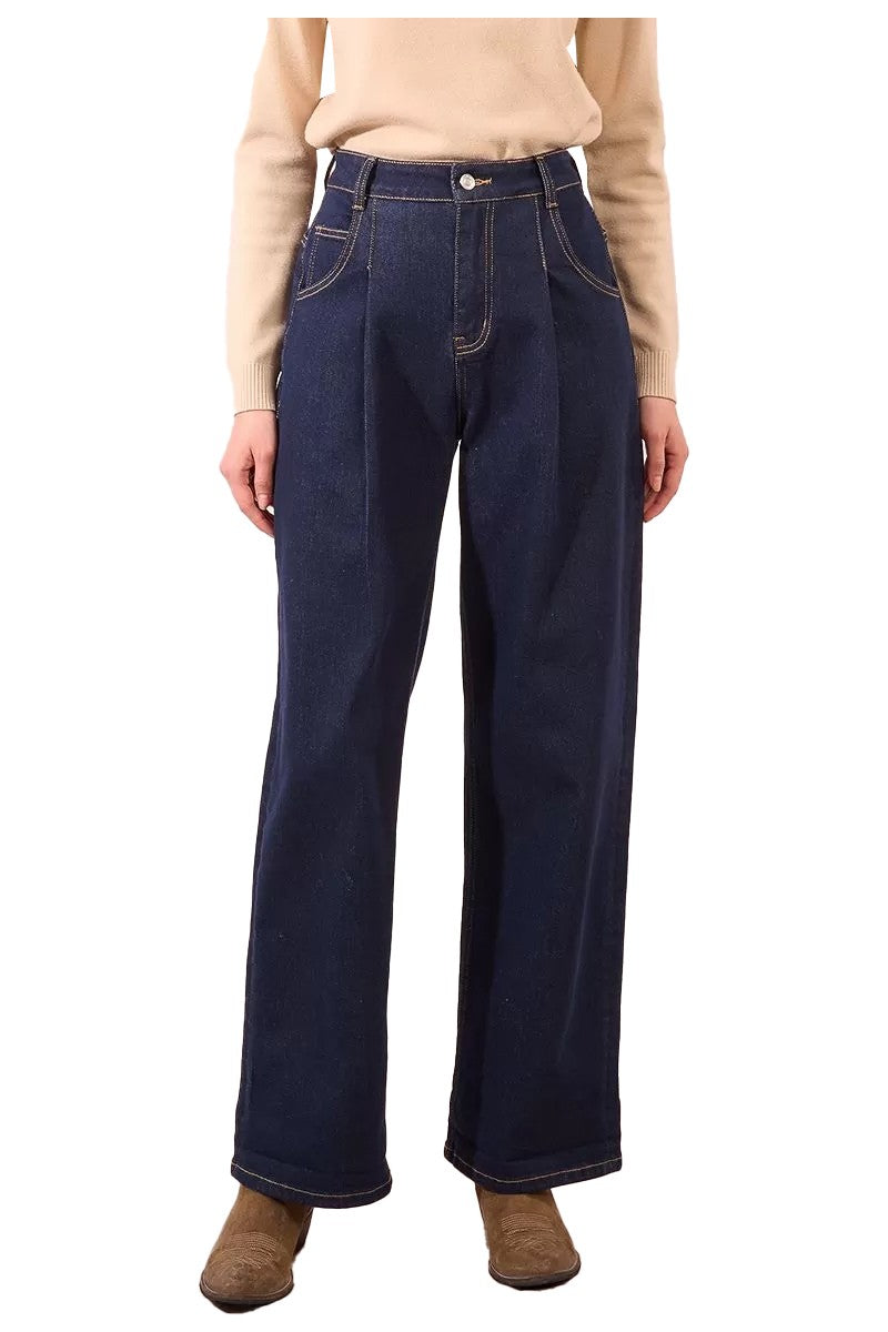 Jeans donna wide leg blu scuro, pieghe frontali, zip & bottone – E1750DH