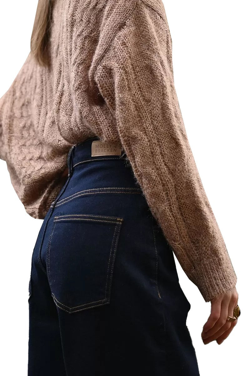 Jeans donna wide leg blu scuro, pieghe frontali, zip & bottone – E1750DH