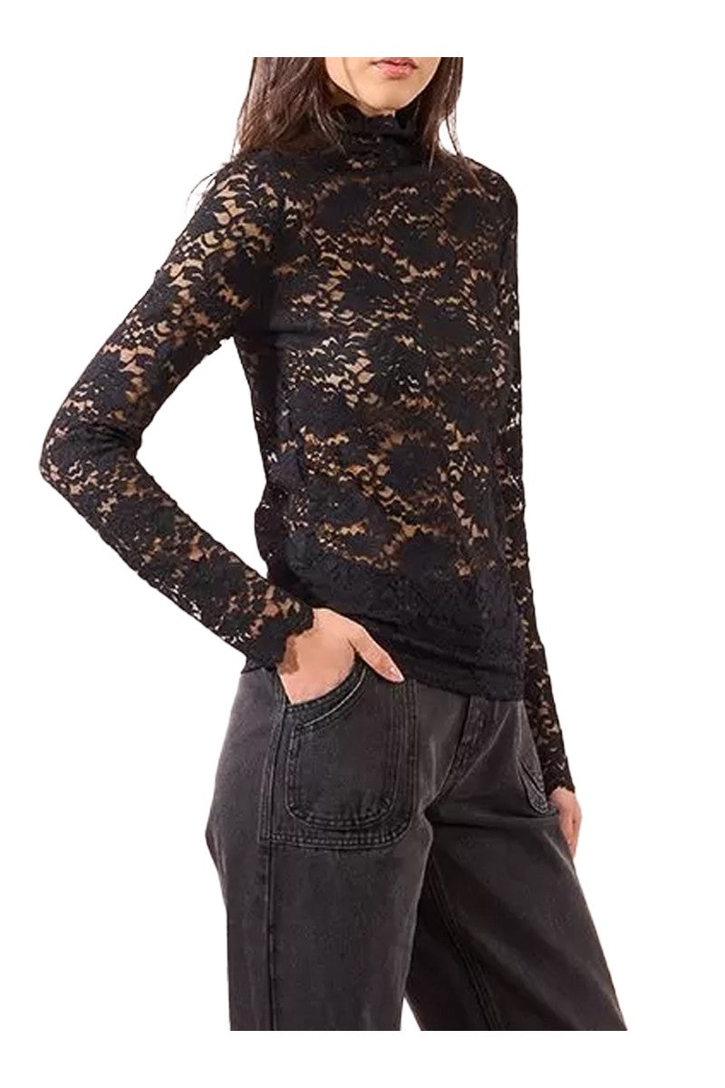 MOLLY BRACKEN EF1531DN – Top in pizzo nero a maniche lunghe, collo lupetto