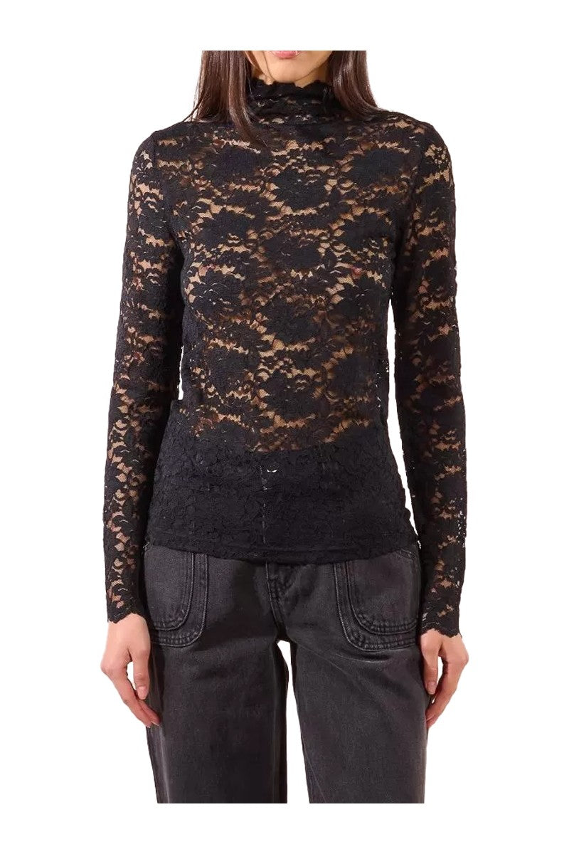 MOLLY BRACKEN EF1531DN – Top in pizzo nero a maniche lunghe, collo lupetto