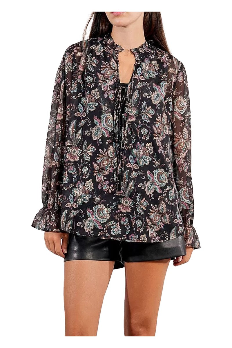 MOLLY BRACKEN G943DN – Camicia floreale in voile nero/multicolor con canotta rimovibile