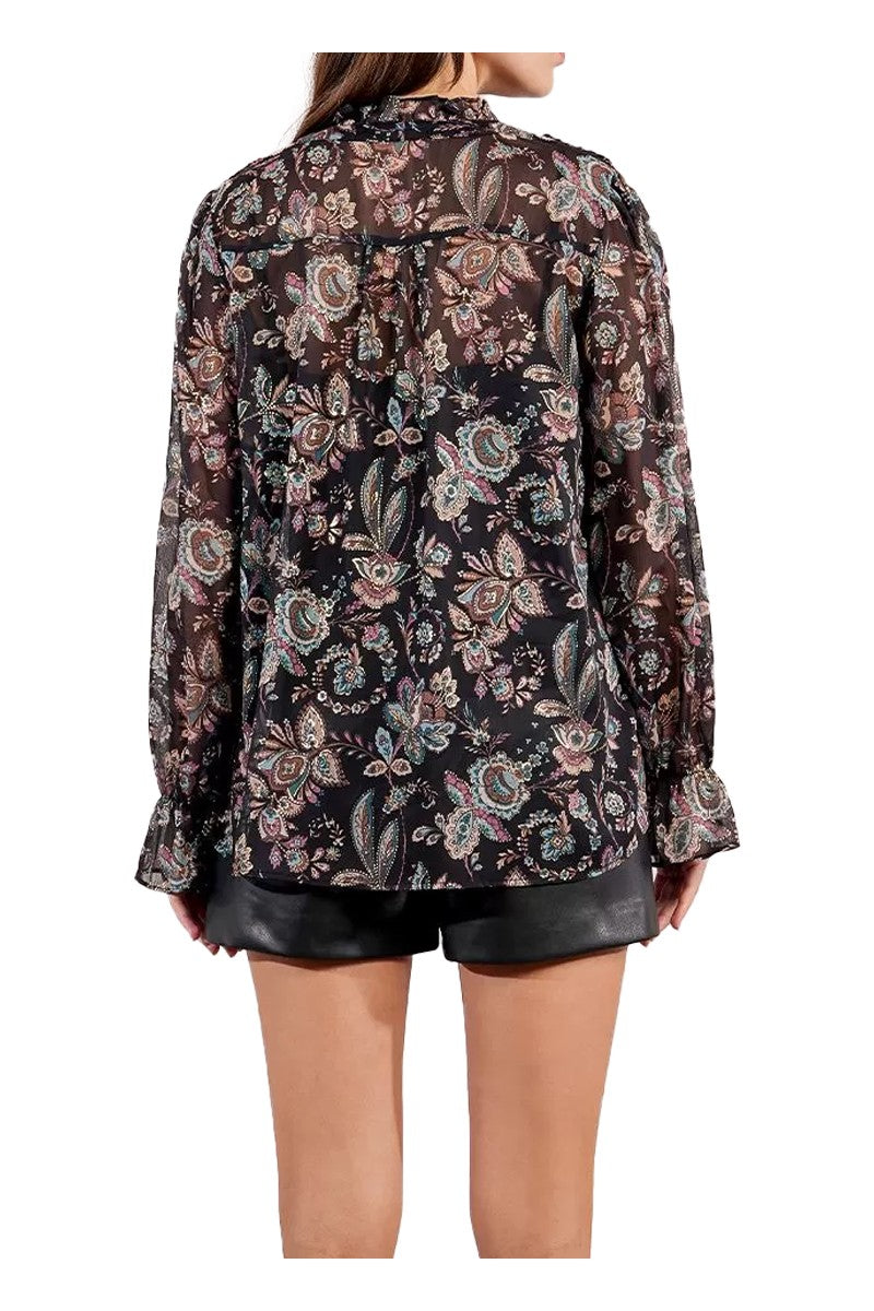 MOLLY BRACKEN G943DN – Camicia floreale in voile nero/multicolor con canotta rimovibile