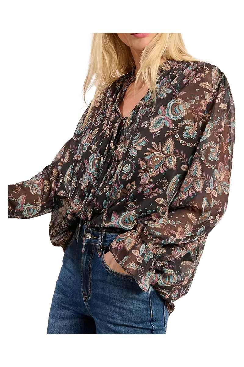 MOLLY BRACKEN G943DN – Camicia floreale in voile nero/multicolor con canotta rimovibile