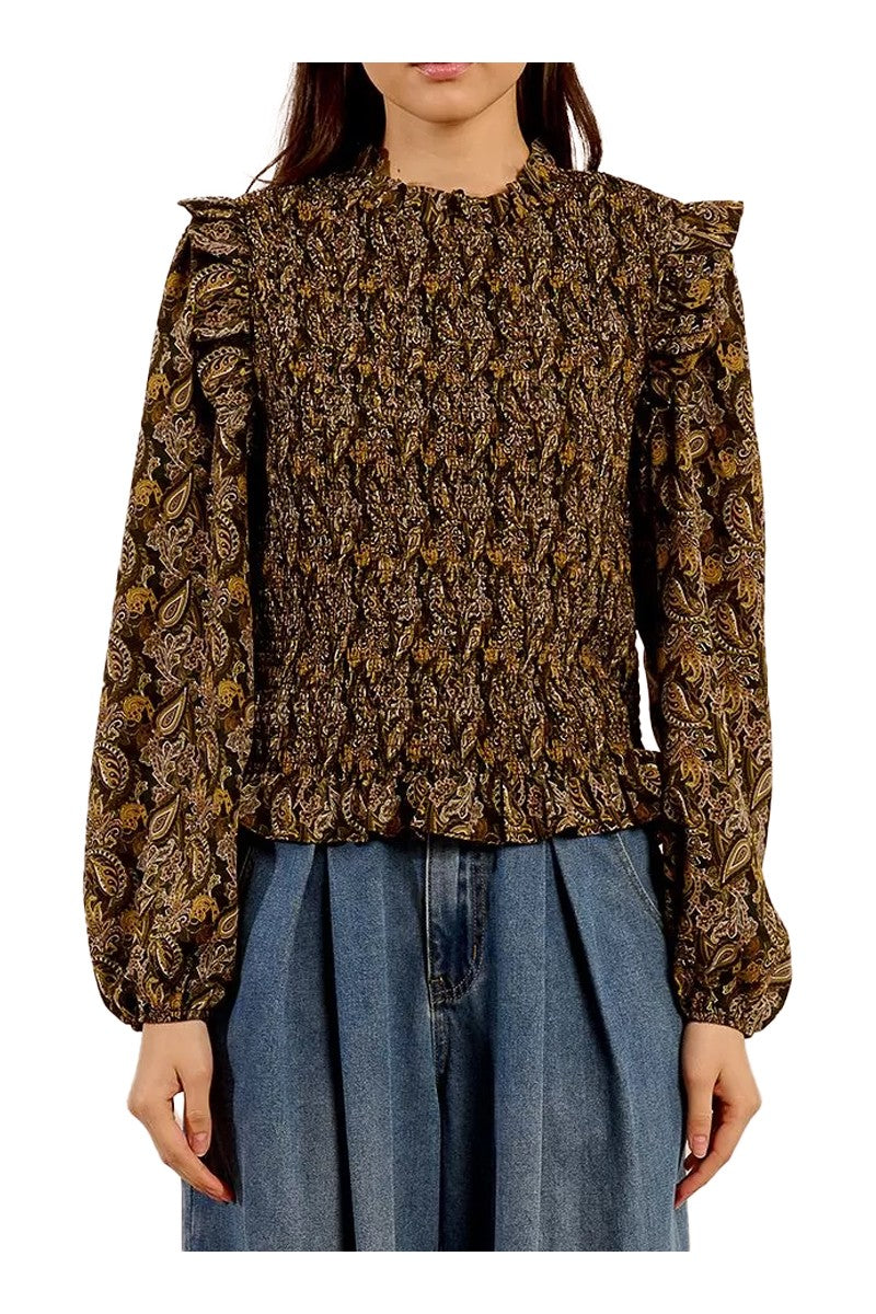 MOLLY BRACKEN LA1761DN – Blusa slim Leia Kaki in voile stampato con busto arricciato