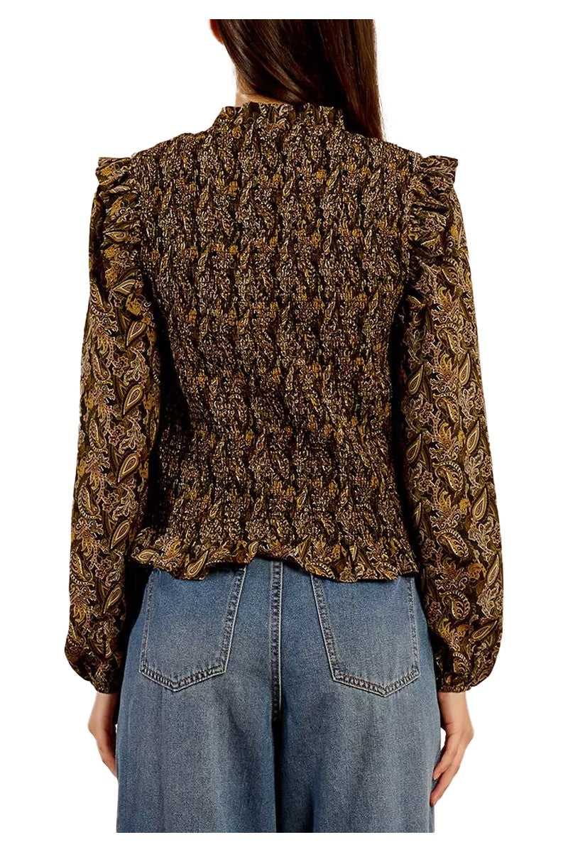 MOLLY BRACKEN LA1761DN – Blusa slim Leia Kaki in voile stampato con busto arricciato