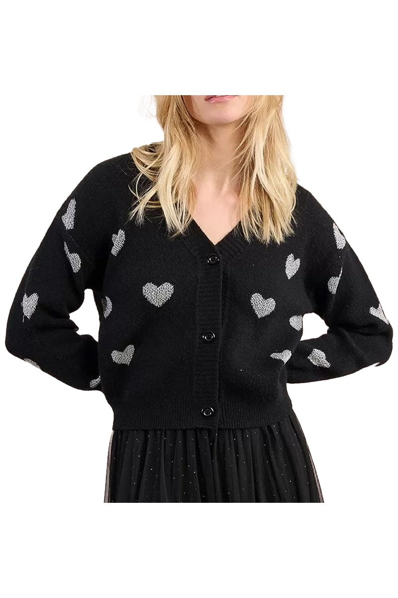 MOLLY BRACKEN LA1775DN – Cardigan corto nero con cuori in lurex argento