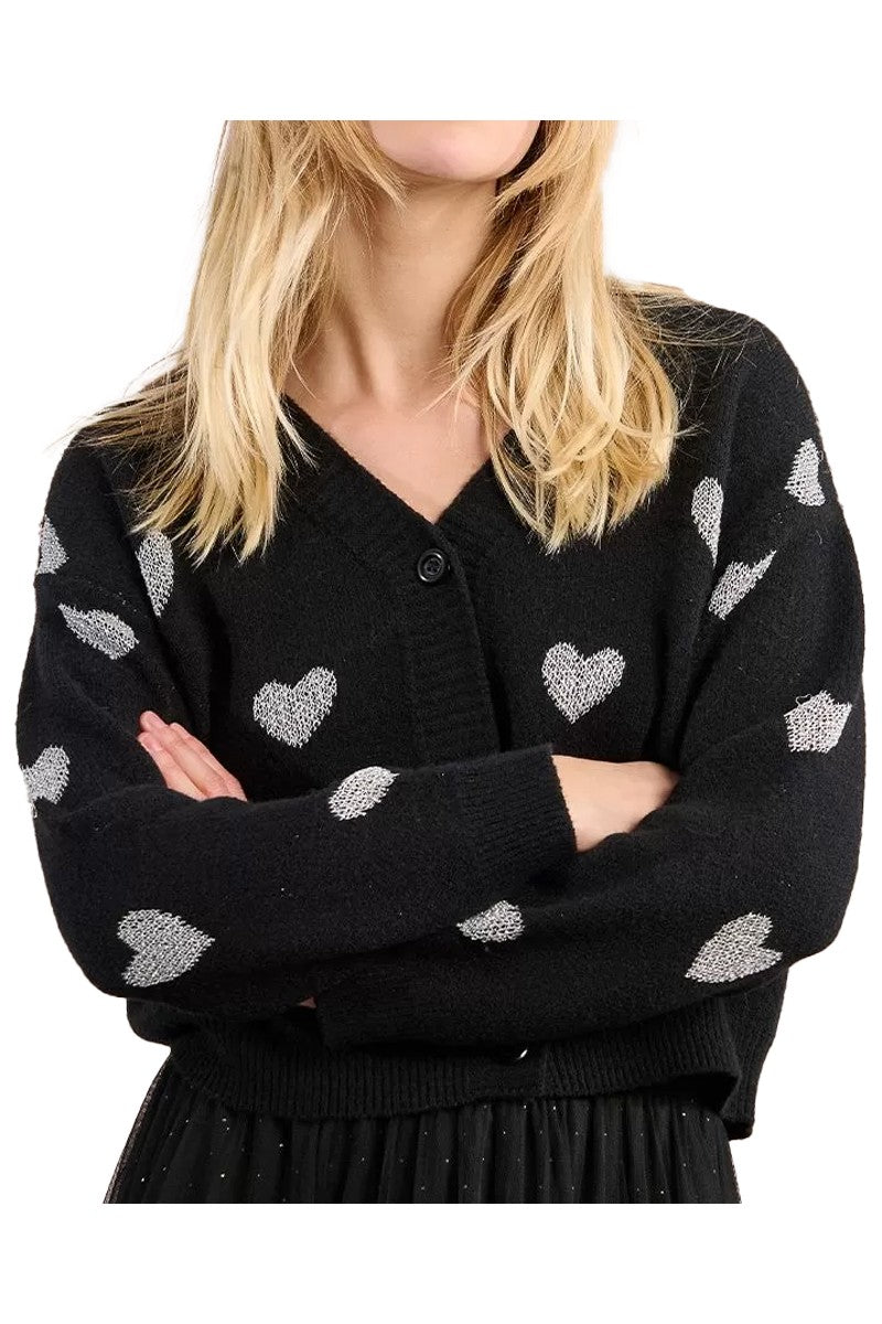 MOLLY BRACKEN LA1775DN – Cardigan corto nero con cuori in lurex argento