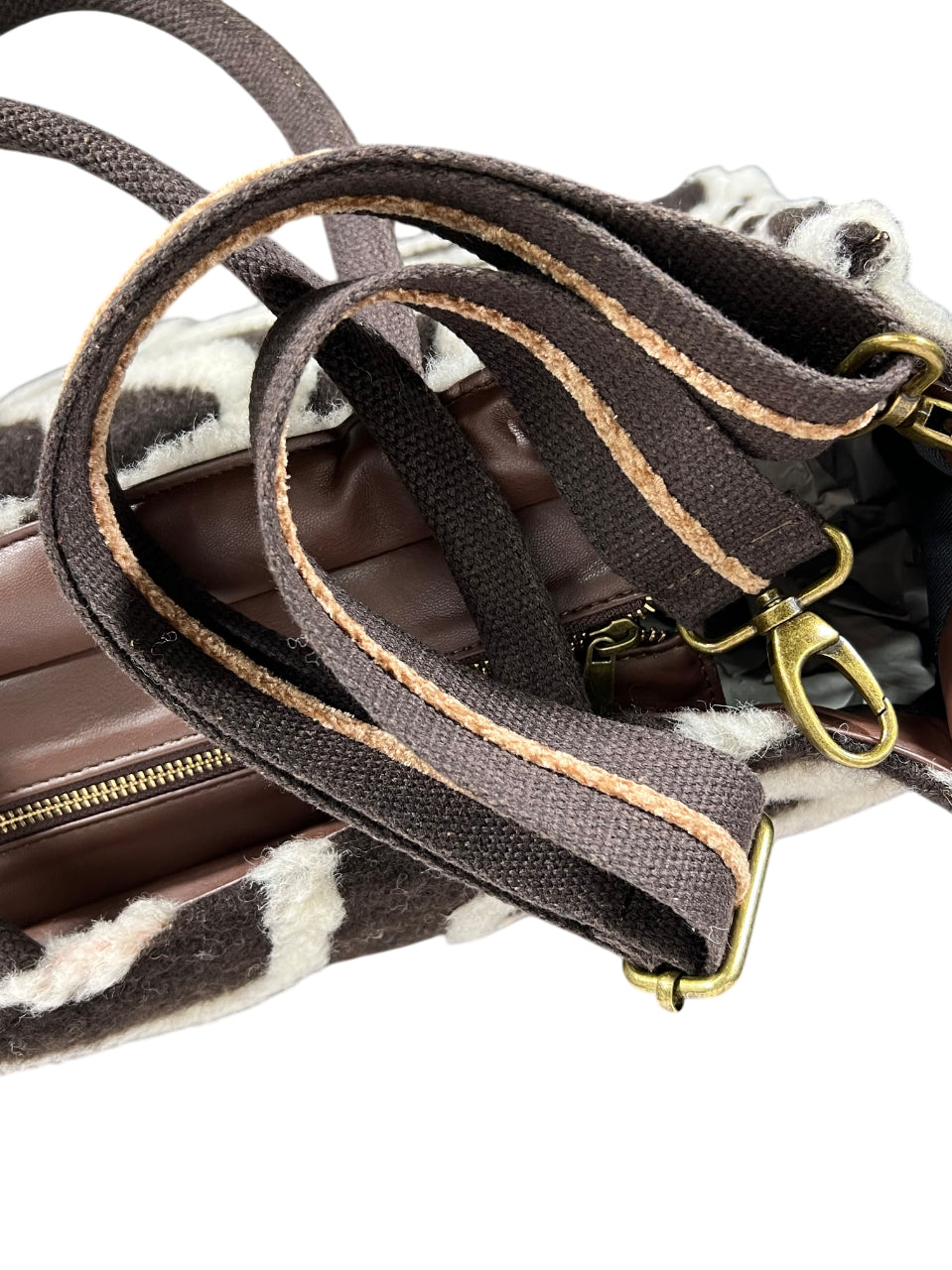 JUSTMINE JABCO0025-K131 – Borsa donna in lana fantasia marrone/ecru con zip e tracolla (Made in Italy)