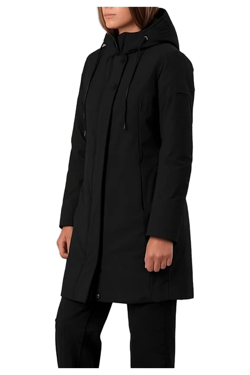 RIHUNIK RIW279J NIZZA – Giaccone donna nero in nylon stretch opaco con zip nascosta (90 cm)