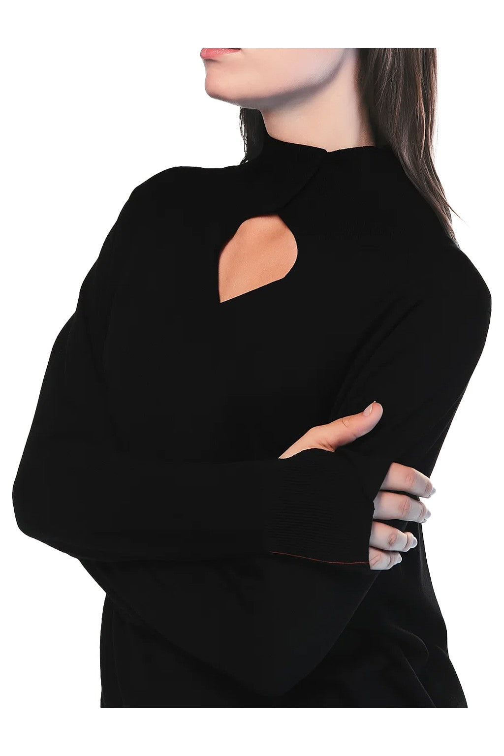 LIVIANA CONTI F5WA23 “MIRANDA” – Maglia lana merino nera con apertura collo (62 cm)