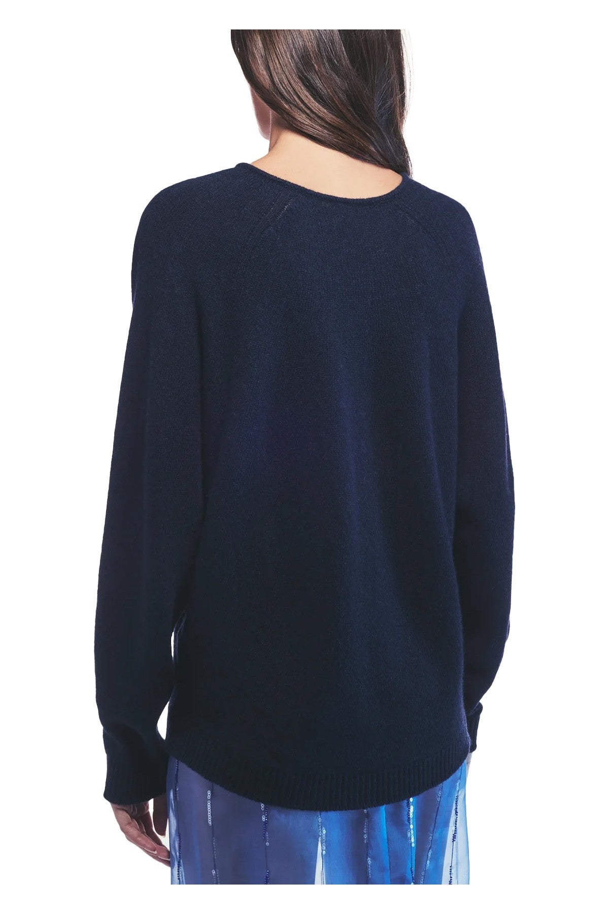 LIVIANA CONTI F5WC85 “DEMETRA” – Maglia blu scollo a V corto in cashmere/seta (62 cm)