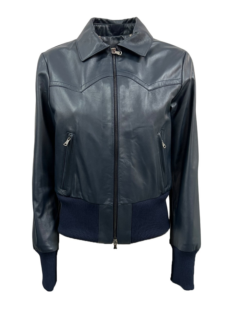 HERITAGE MP091-NP – Giubbino donna in pelle nappa blu, slim, zip e tasche (53 cm) – Made in Italy