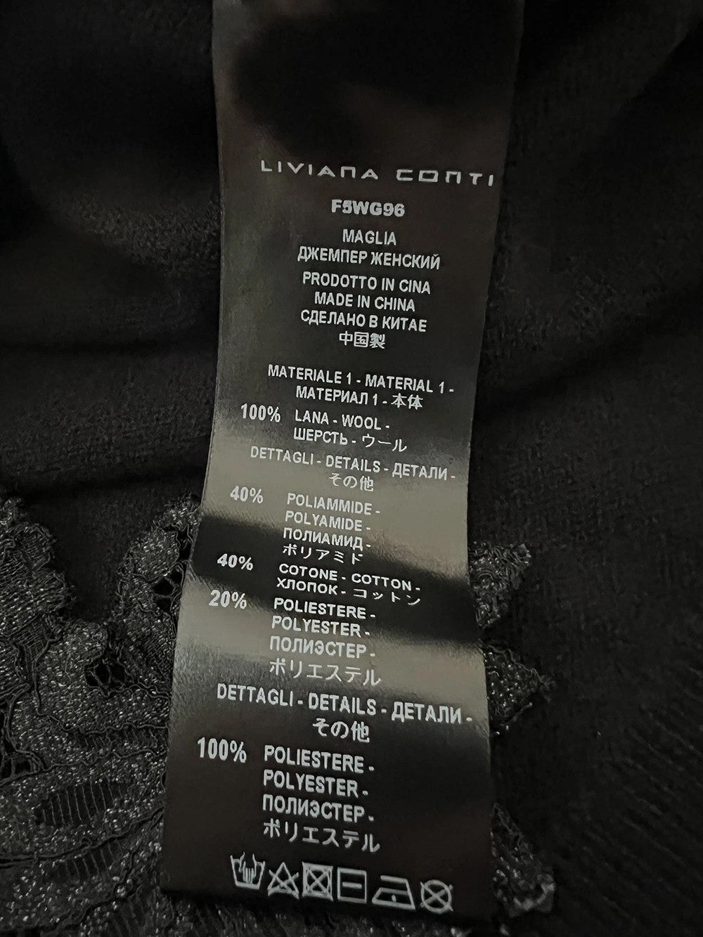 LIVIANA CONTI F5WG96 FAITH – Maglia 100% lana nera con inserti in pizzo (maniche & fianchi)