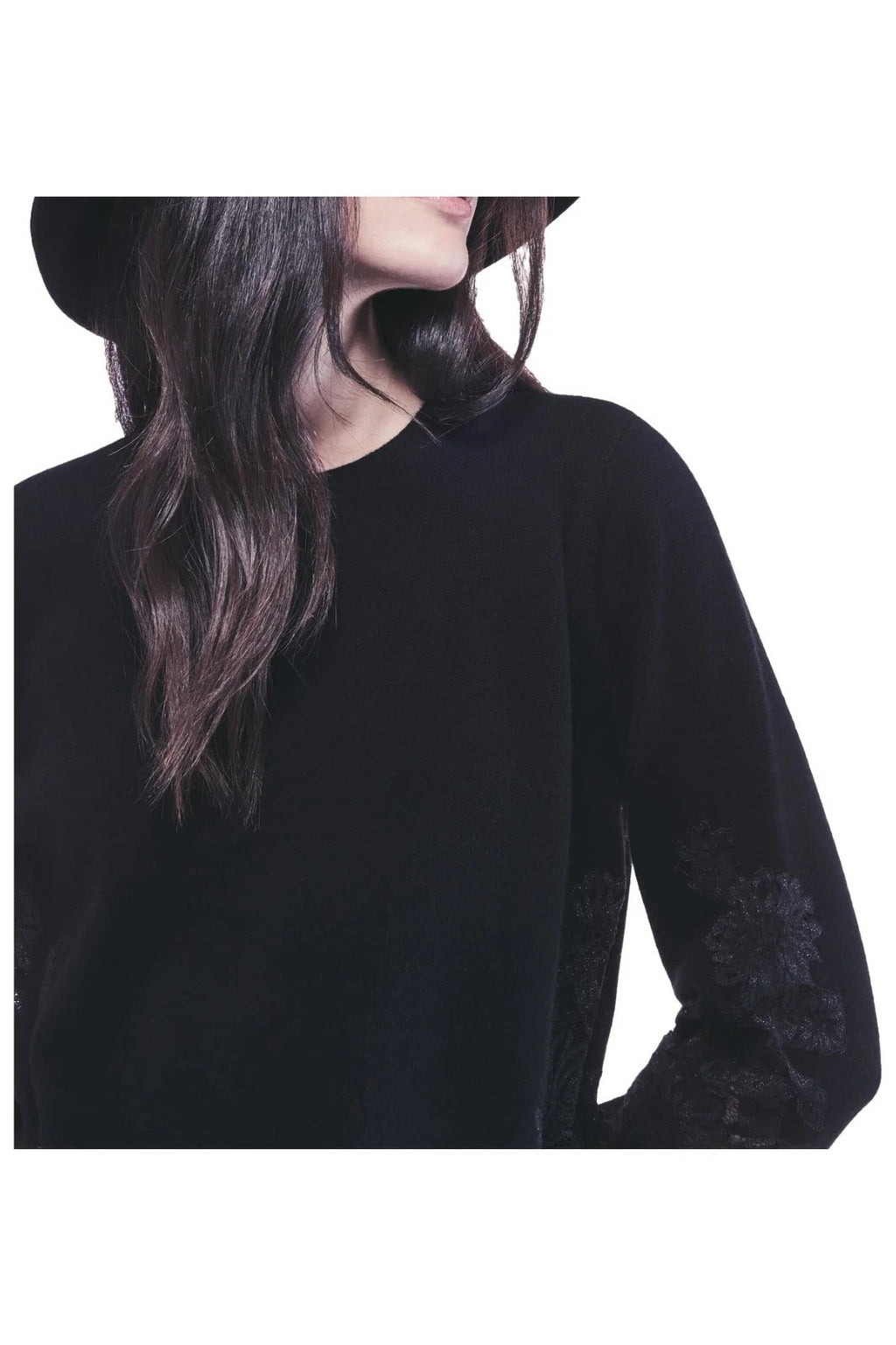 LIVIANA CONTI F5WG96 FAITH – Maglia 100% lana nera con inserti in pizzo (maniche & fianchi)